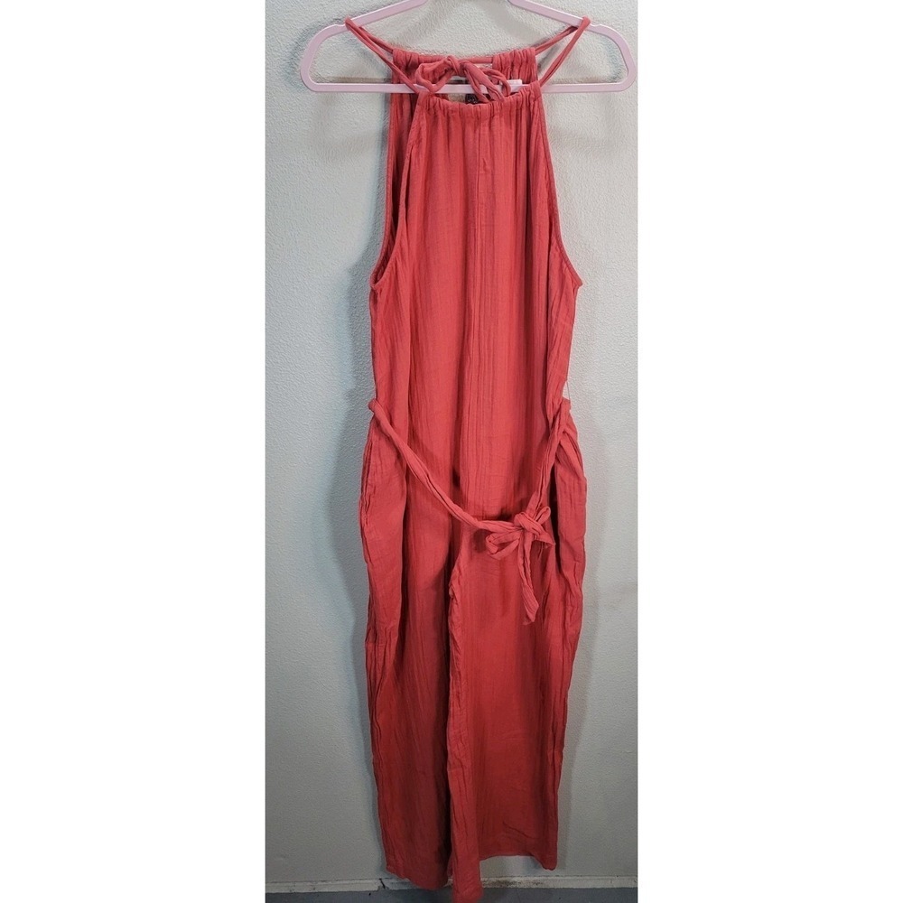 Pact Organic Cotton Coral Halter Jumpsuit L Wide Leg Tie Waist Sustainable